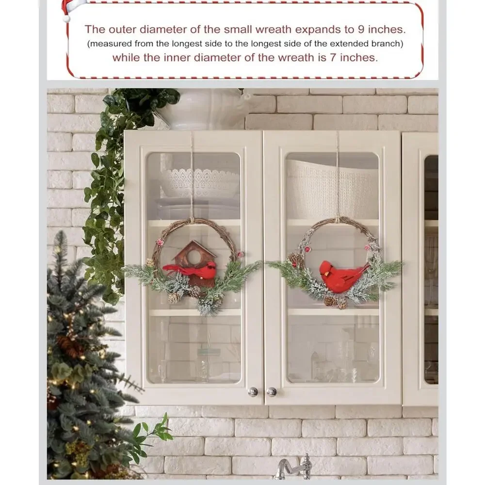 2pcs Small Christmas Wreath with Cardinal, 9-inch Mini Wreaths